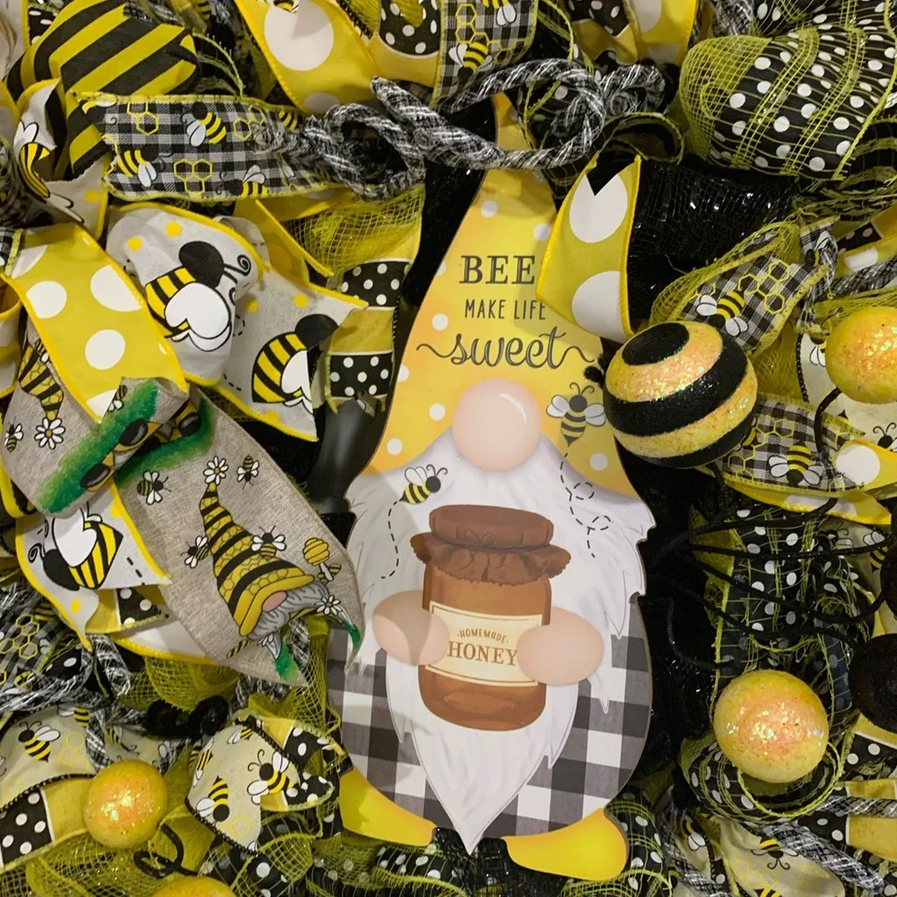Hand Crafted Yellow and Black Holiday Wreath with Bee Accents